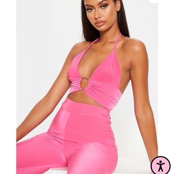 PrettyLittleThing Hot Pink Ring Detail Halterneck Crop Top Size 4 - Picture 8 of 8